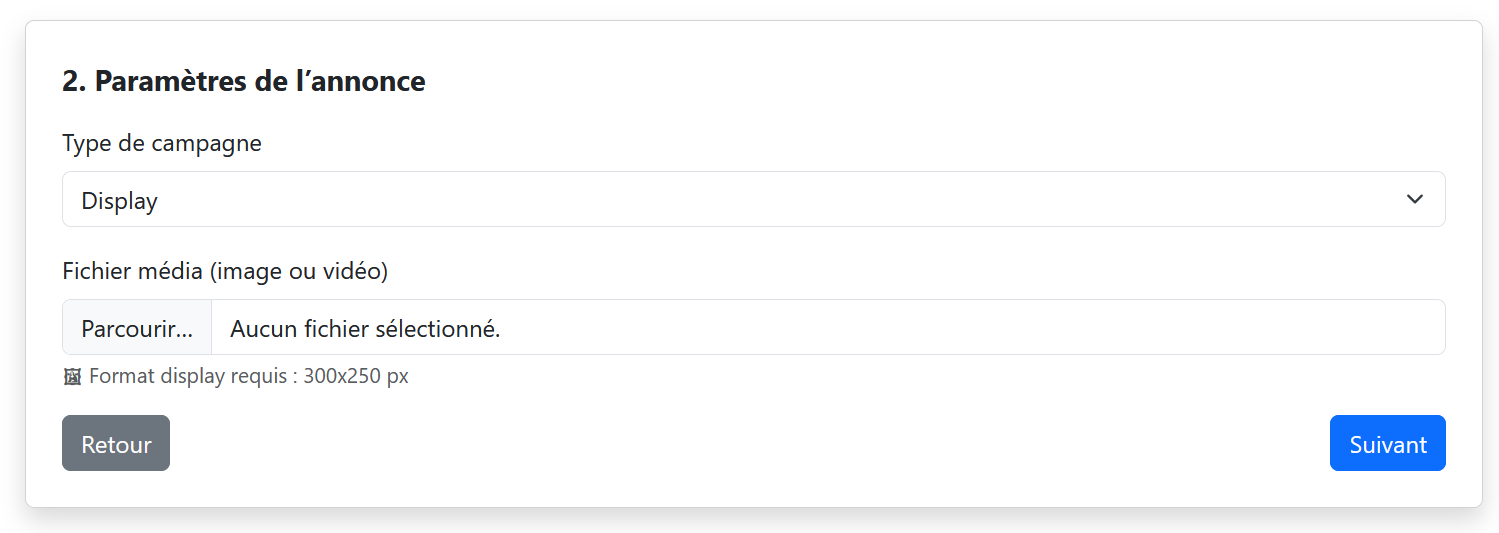 Étape 2 - Paramètres de l'annonce